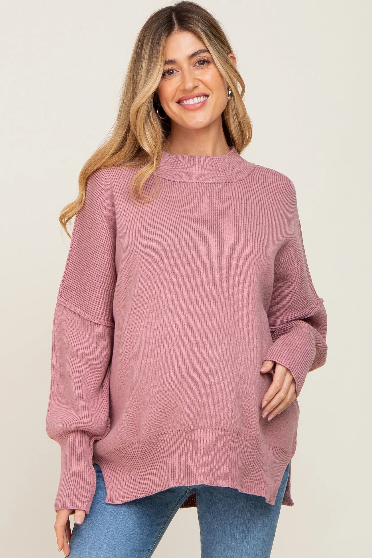 Mauve Mock Neck Exposed Seam Maternity Sweater | PinkBlush Maternity