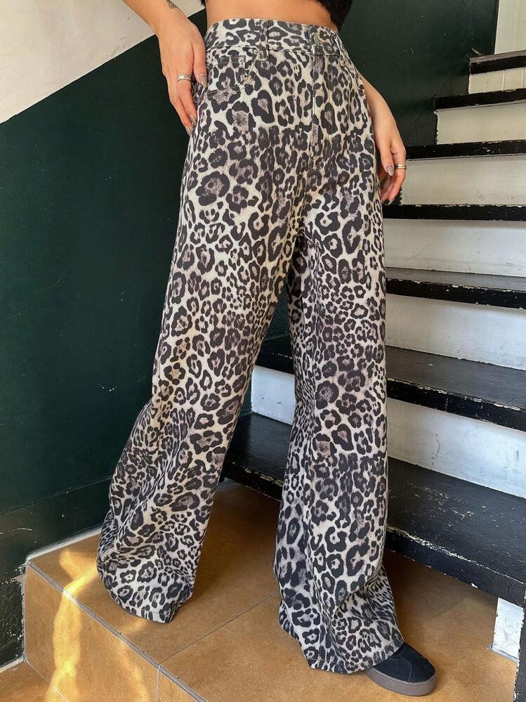DAZY Jeans De Pierna Ancha Con Estampado De Leopardo En Toda La Prenda, Ropa De Otoño | SHEIN