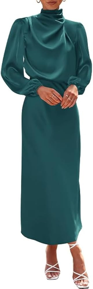 BTFBM Womens Mock Neck Satin Dress Summer Fall 2025 Long Sleeve Lightweight Formal Wedding Party ... | Amazon (US)