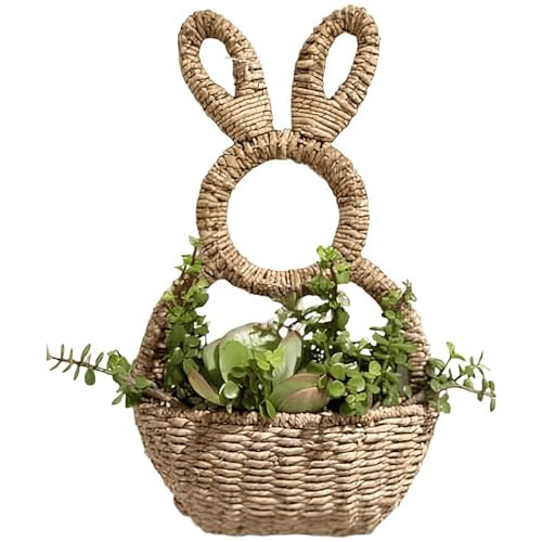 Bunny Basket Hanging Wall Pocket Spring Decor - Hand Woven Wicker Easter Basket - Bunny Hanging Ornament, Wicker Easter Baskets Rabbit Statue Spring Wreath for Front Door | Amazon (US)
