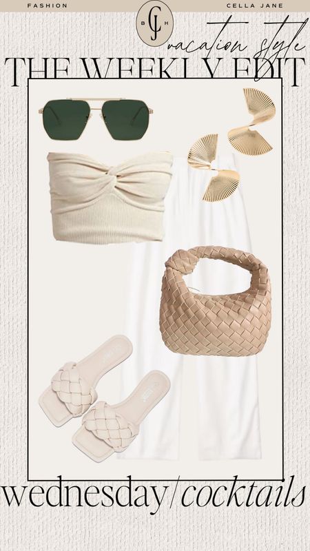 Cella Jane weekly edit vacation style. For any warm weather trips you might be taking soon. Wednesday beachside cocktails. Strapless top, linen pants, sunglasses, woven tote, woven sandals, earrings  

#LTKtravel #LTKstyletip