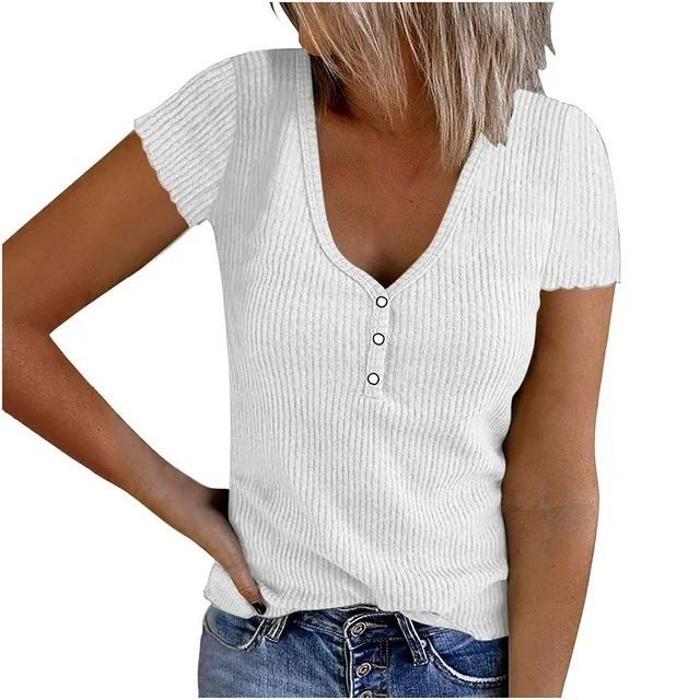 Joau Womens Ribbed knit Button Down Tight Slim Fitted Tee Tops Sexy V-neck Basic T Shirts Henley ... | Walmart (US)