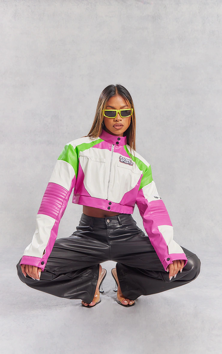 White Faux Leather Shoulder Padded Cropped Racer Jacket | PrettyLittleThing CAN