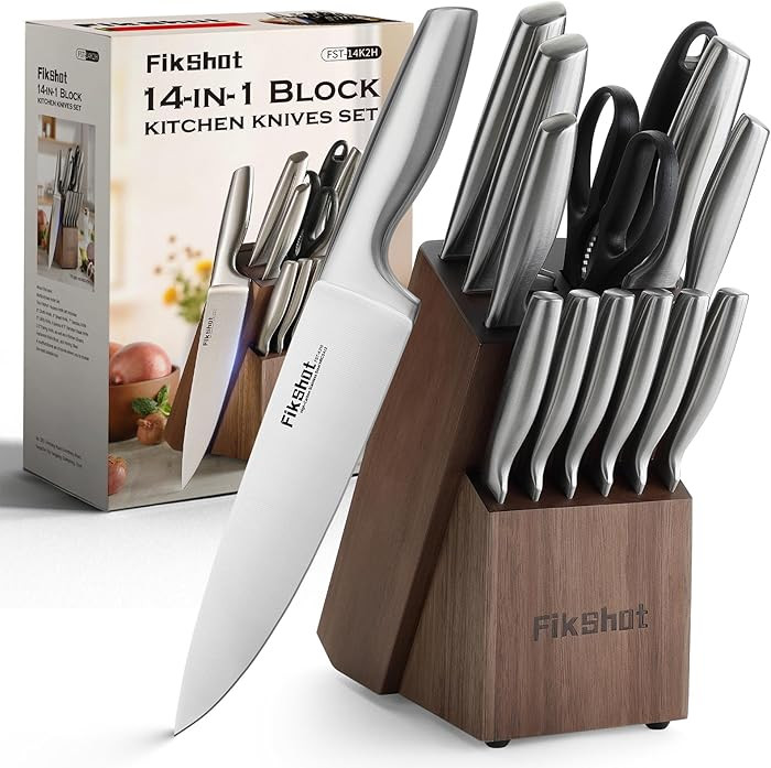 14 Pieces Knife Block Set German Stainless Steel with Block, Razor-Sharp Santoku Knives, Fruit & ... | Amazon (US)