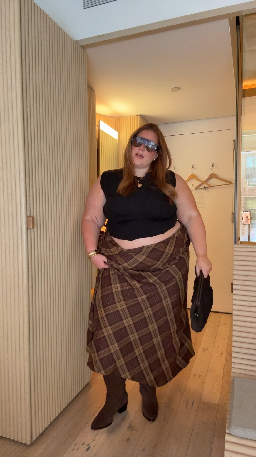 Plus size fall/autumn outfit. 

Brown plaid maxi skirt from peppermayo is a size US18 (no stretch but fit perfectly) 

Corset tee is a 4X From good American. (Could have done the 3x as well)

And these suede chocolate brown wide calf boots are loose on my 21”
Calves!! 

#LTKplussize #LTKmidsize #LTKFashionMonth