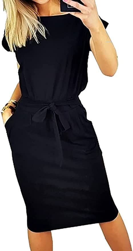 PRETTYGARDEN Women's Summer Short Sleeve Crewneck Striped Dress Basic Solid Tie Waist Office T Sh... | Amazon (US)