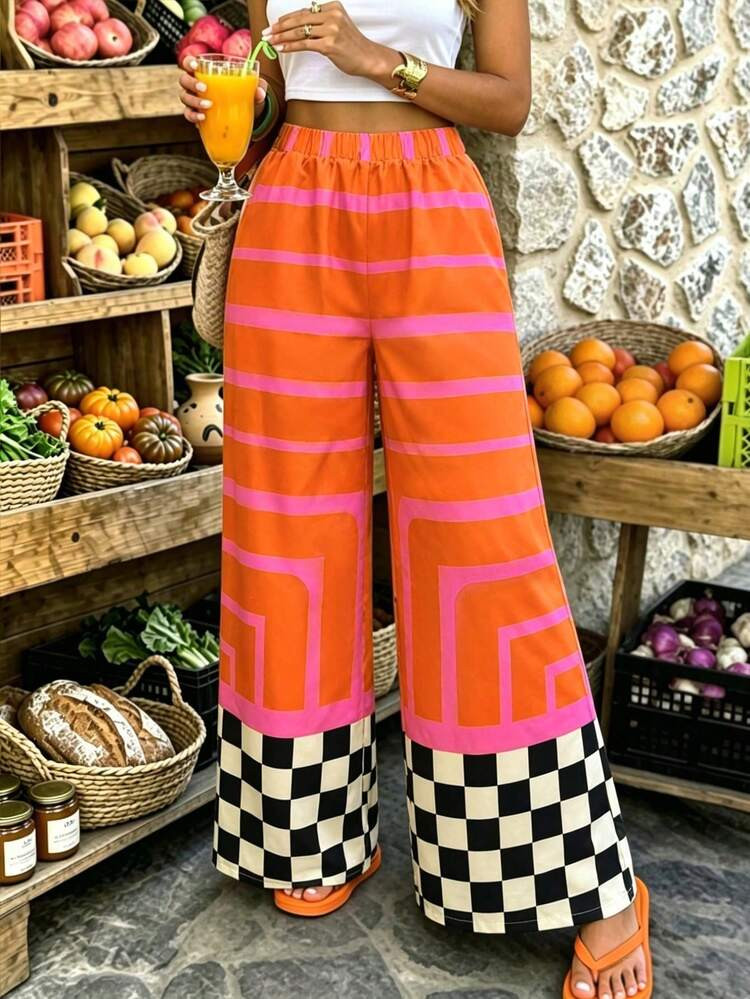 [Free Shipping]Women's Casual Vacation Colorblock Placement Print Checkerboard Floral Pattern Elastic Waist Pants Women's Wide Leg | SHEIN