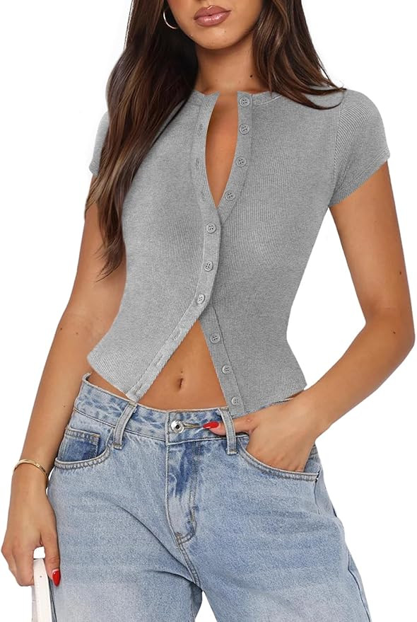 Women's Button Down Shirt Cap Sleeve Tops for Women Button Up Ribbed Knit Slim Fit Casual Y2K Cro... | Amazon (US)