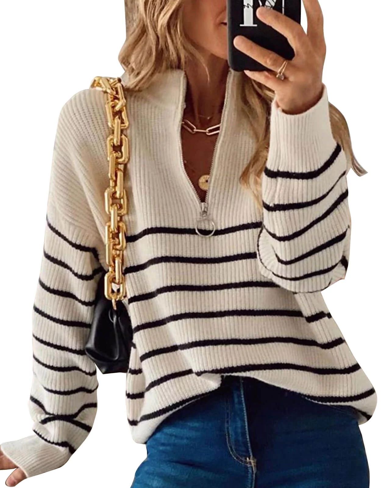Womens Pullover Sweater Zip Down Casual Looss Sweaters Stripe Print Warm Sweaters Shermie - Walma... | Walmart (US)