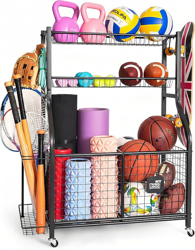Mythinglogic Sports Equipment Garage Organizer,Garage Ball Storage for Sports Gear and Toys, Roll... | Amazon (US)