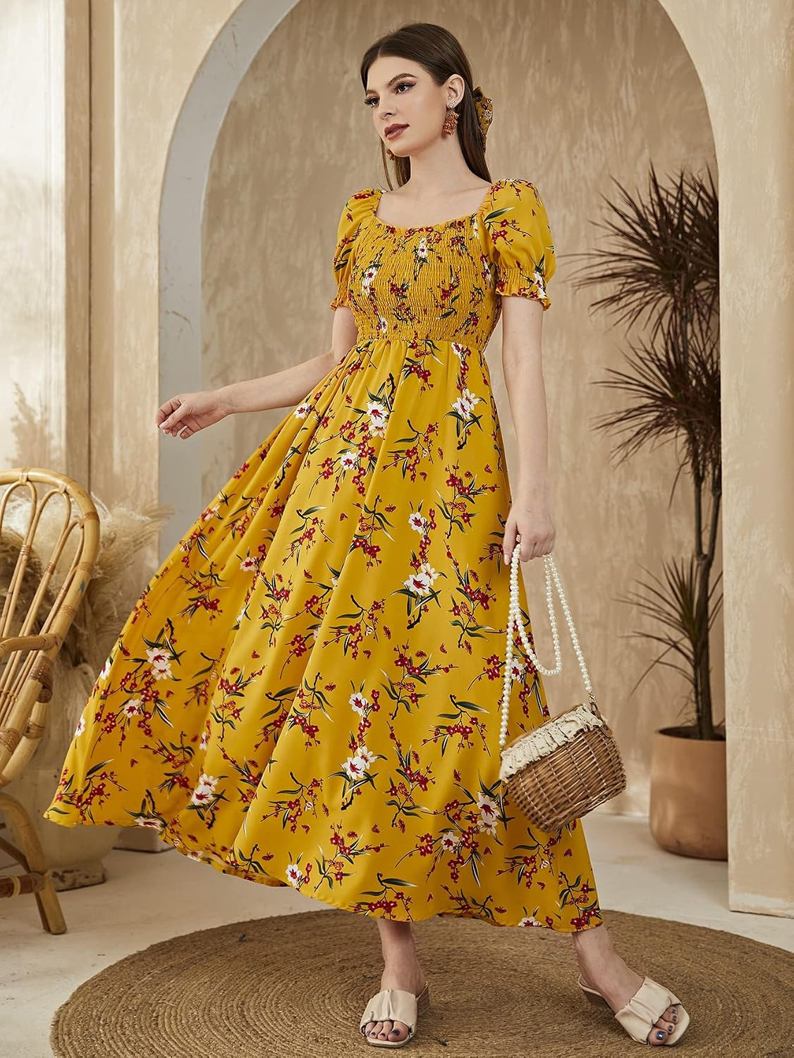 Neeno Women's Dresses Floral Square Neck Shirred -line Dress Dress for Women (Color : Mustard Yellow, Size : Large) | Amazon (US)