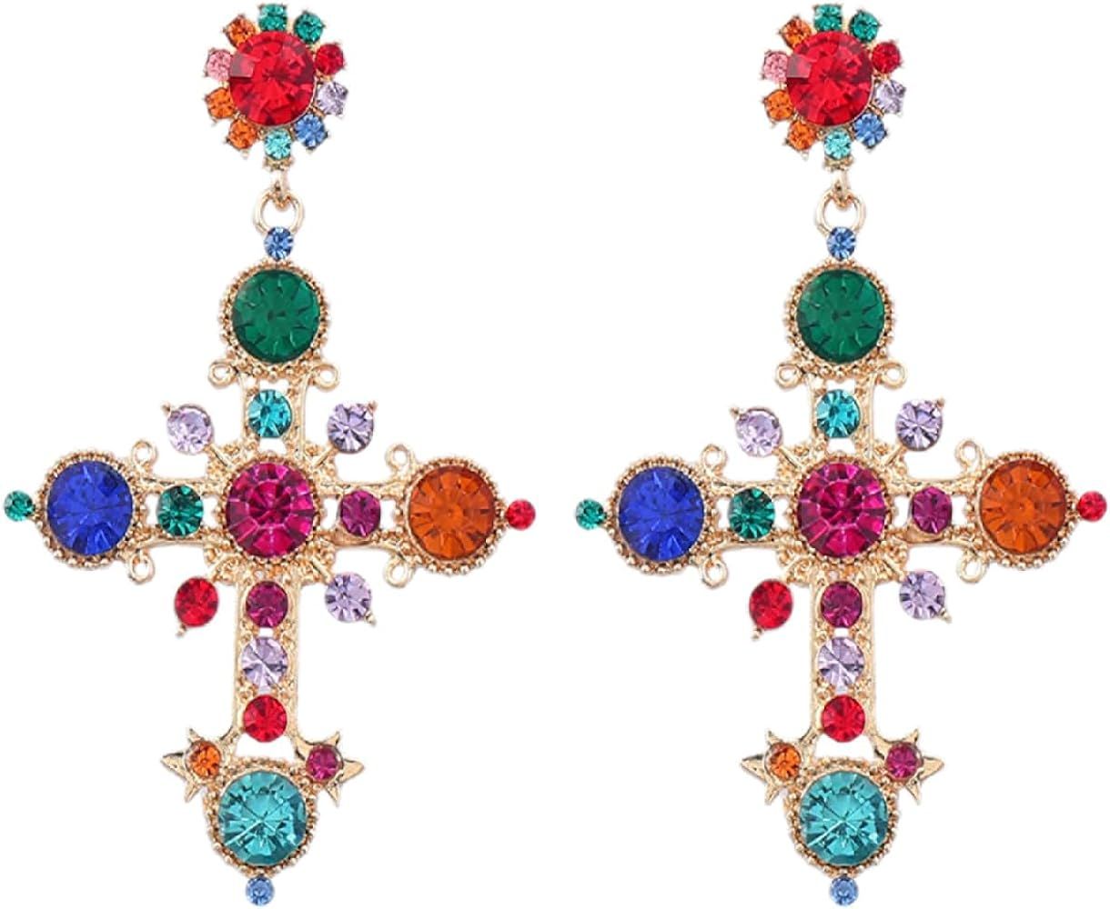 Gold Cross Dangling Earrings for Women, Rhinestone Cross Earrings Pearl Cross Earrings Colorful Crystal Earrings Baroque Big Earrings Party Jewelry | Amazon (US)