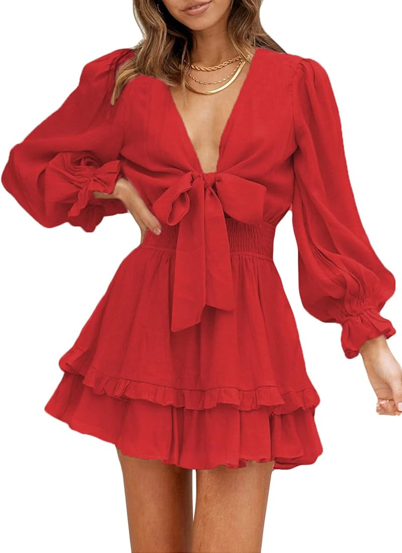 AlvaQ Womens Dresses Spring Summer Knot Front V Neck Ruffles Long Sleeve Floral Print Swing Mini ... | Amazon (US)