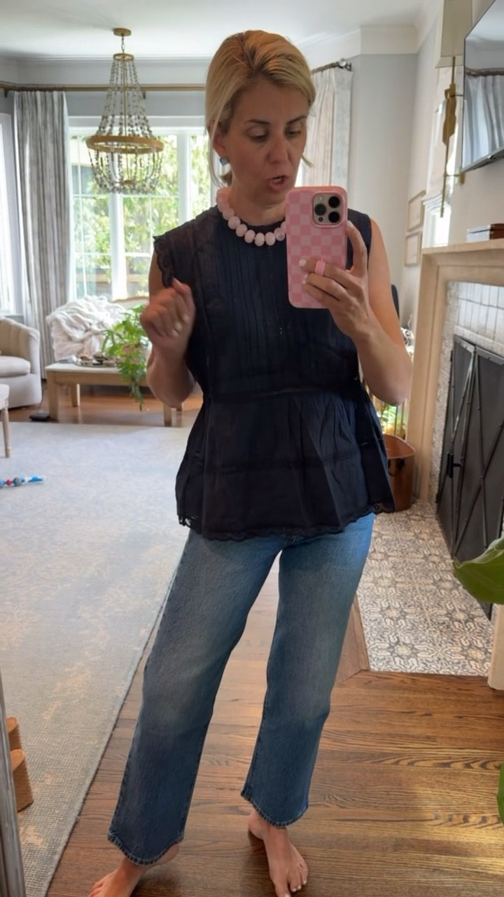 Now this is cute too! I love navy & pink together. This is option #3. This fit is good and the pleat details are so pretty!! Y’all let me know…option 1, 2 or 3??
Top - size 0
Jeans - 26
Heels - 8 tts
*use code mixandmatchmadness at Loopy

#LTKdayinmylife #LTKgrwm #LTKmomlife