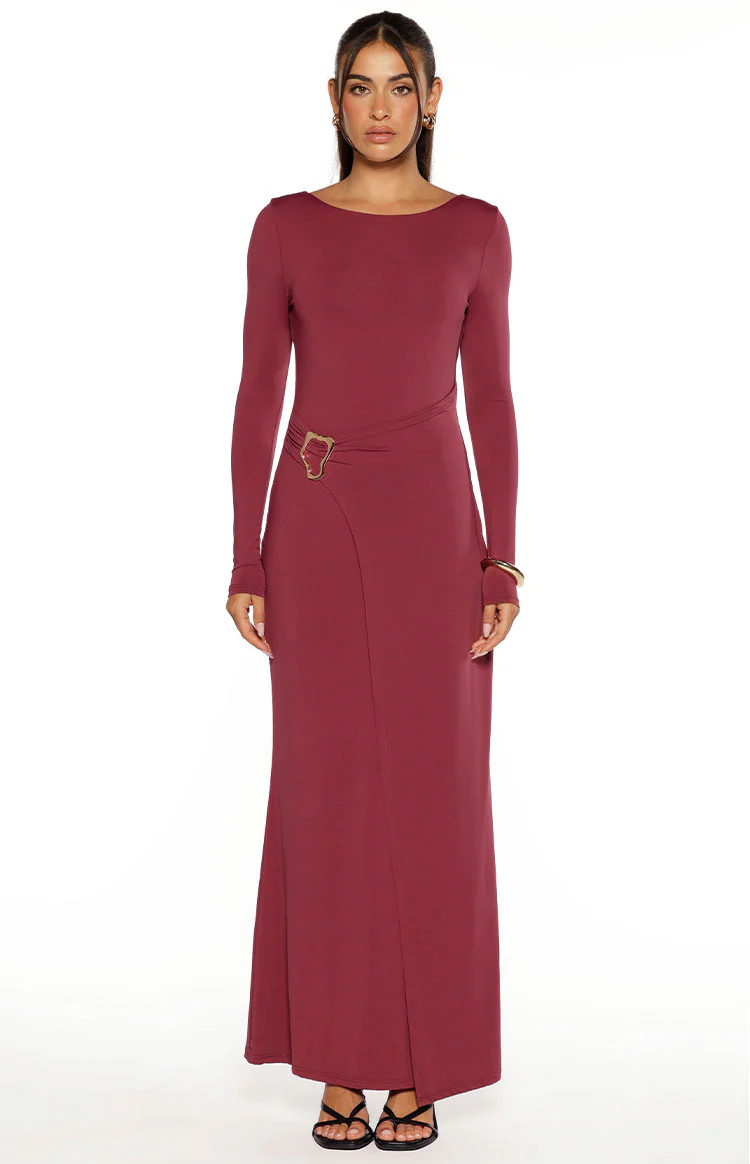 Misaki Burgundy Long Sleeve Wrap Maxi Dress | Beginning Boutique (AU)