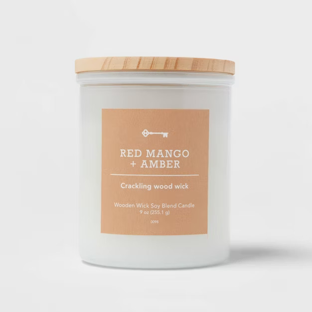 Milky White Glass Woodwick Candle with Wood Lid and Stamped Logo Red Mango and Amber - Threshold... | Target