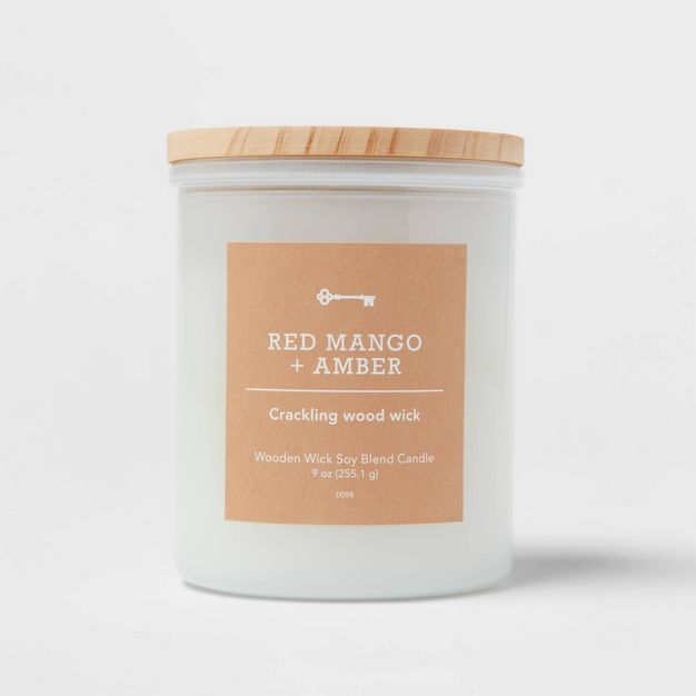 Milky White Glass Woodwick Candle with Wood Lid and Stamped Logo Red Mango and Amber - Threshold... | Target