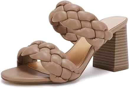 Womens Braided Heeled Sandals Open Toe Backless Chunky Heels Slip on Block Heel Slides Sandal | Amazon (US)