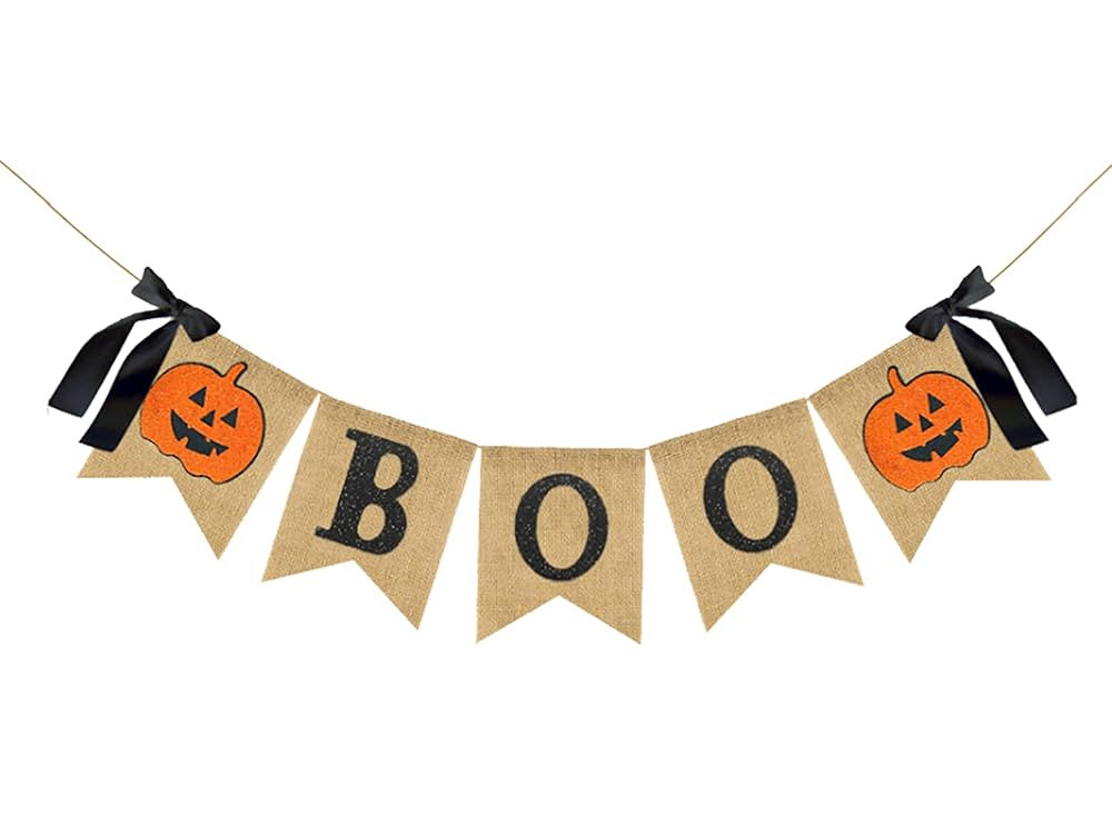 Whaline Halloween Burlap Banner Glitter Pumpkin Boo Bunting Flag with Bow Rustic Hanging Banner G... | Amazon (US)