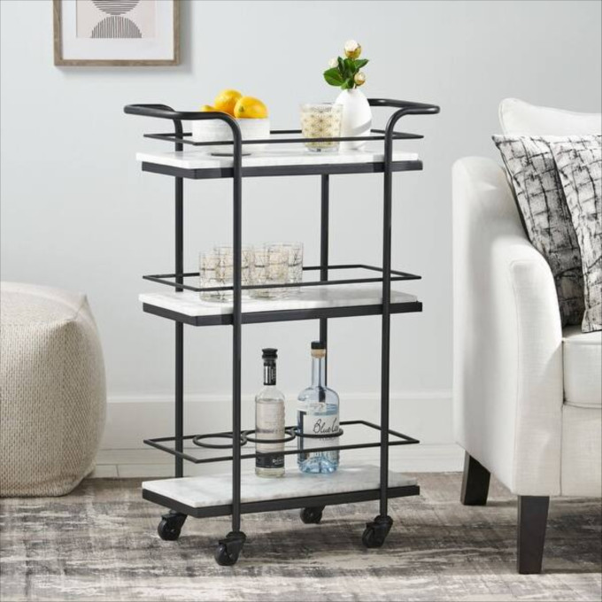Click for more info about Henri Modern Glam 3 Tier Bar Cart with Marble Shelving by Christopher Knight Home - 23.25" L x 12...