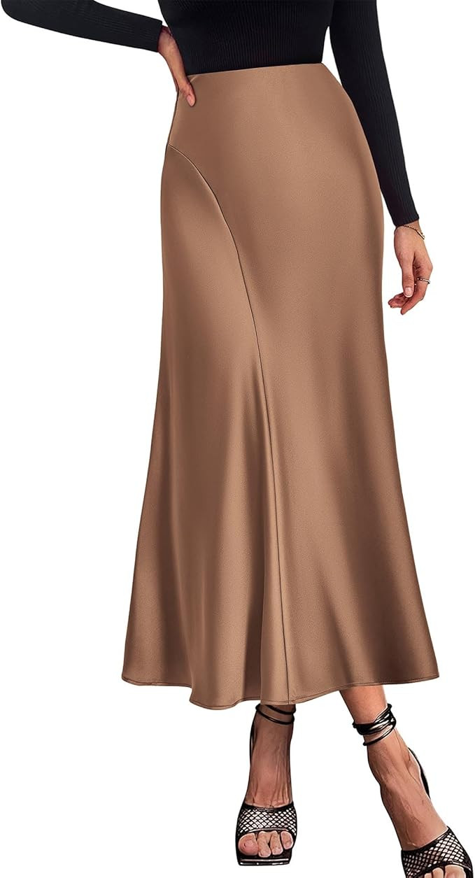 KIRUNDO Women's Satin Elastic High Waisted Maxi Skirt 2024 Trendy Summer Fall Silky A-Line Casual... | Amazon (US)