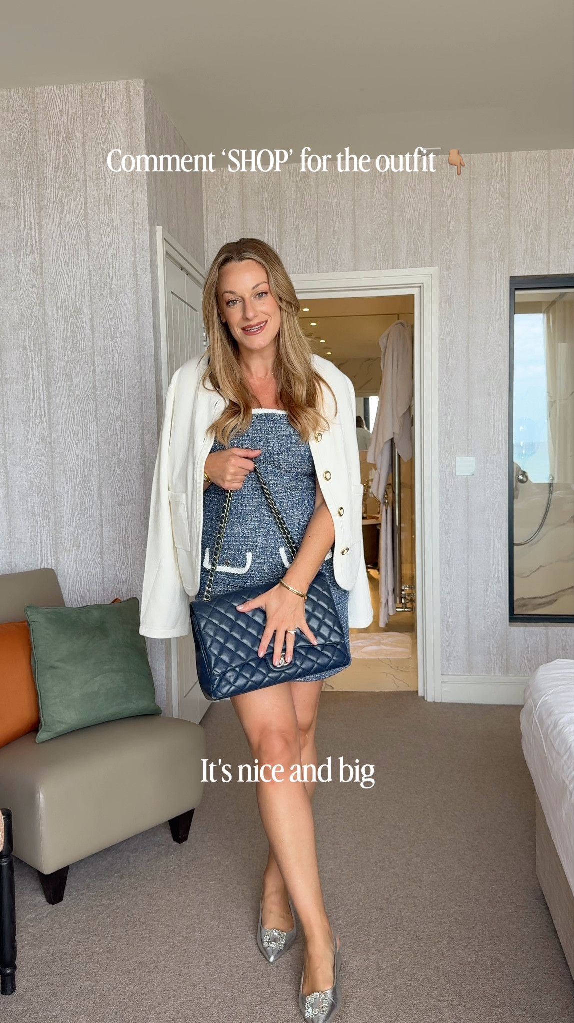 Blue maje dress, silver wide fit shoes, off white cardigan , navy Chanel bag 🫐🤍✨🪽 spring outfit idea 

#LTKmidsize #LTKuk #LTKsummer