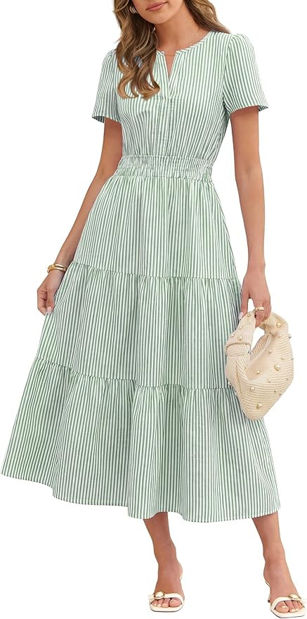 Caracilia Women's Summer Short Sleeve V-Neck Maxi Dress, Gingham & Striped Fabric, Casual A-Line ... | Amazon (US)