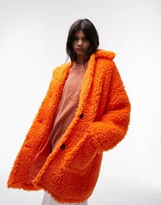 Topshop chunky borg coat in orange | ASOS (Global)