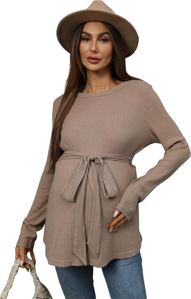 MakeMeChic Women's Maternity Shirts Casual Long Sleeve Tie Front Ribbed Knit Pregnancy Tee Top | Amazon (US)