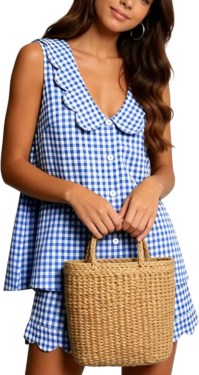 Womens Gingham Pajamas Set Plaid 2 Piece Set Scalloped Trim Button Down Shirt Sleevless Top and S... | Amazon (US)