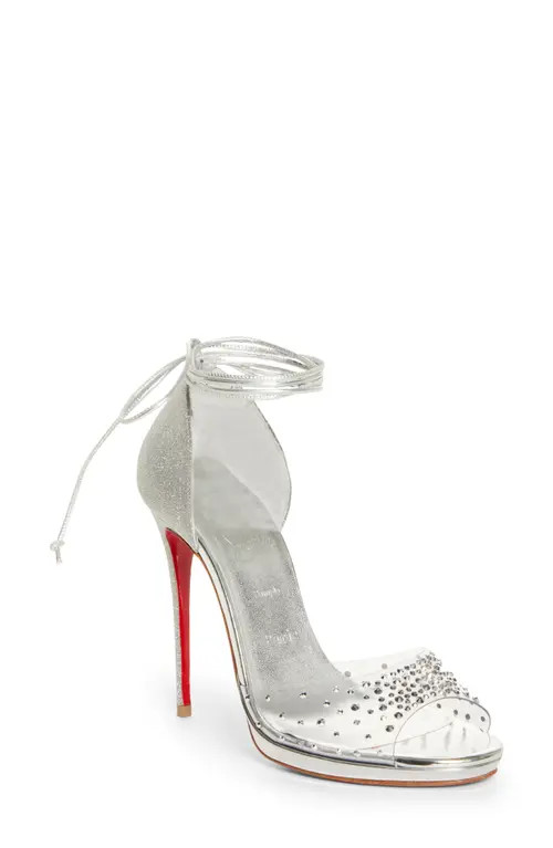 Christian Louboutin Degratina Crystal Embellished Ankle Tie Sandal in Version Silver at Nordstrom, S | Nordstrom