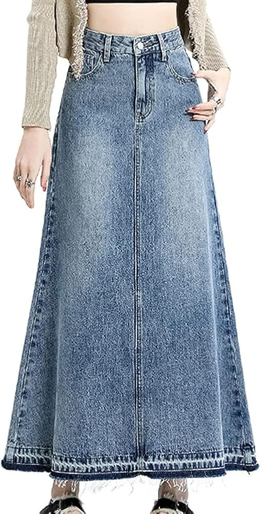 LISUEYNE Women's Casual Stretch Waist Washed Denim Ruffle Fishtail Skirts Long Jean Skirt | Amazon (US)