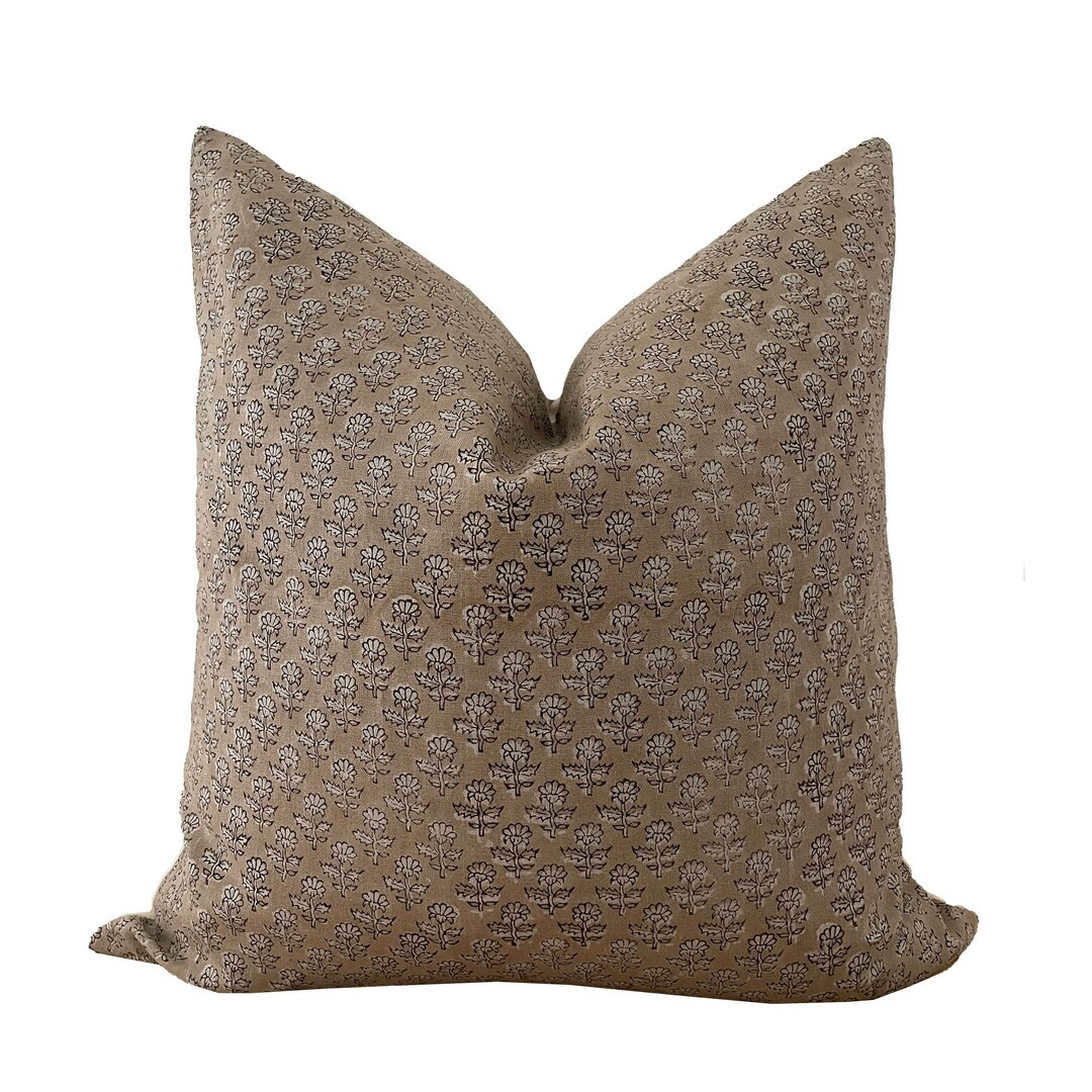 Brown Linen Block Print Pillow Cover, Neutral Floral Block Print Pillow Cover || Dye Lot 3 | Etsy (US)