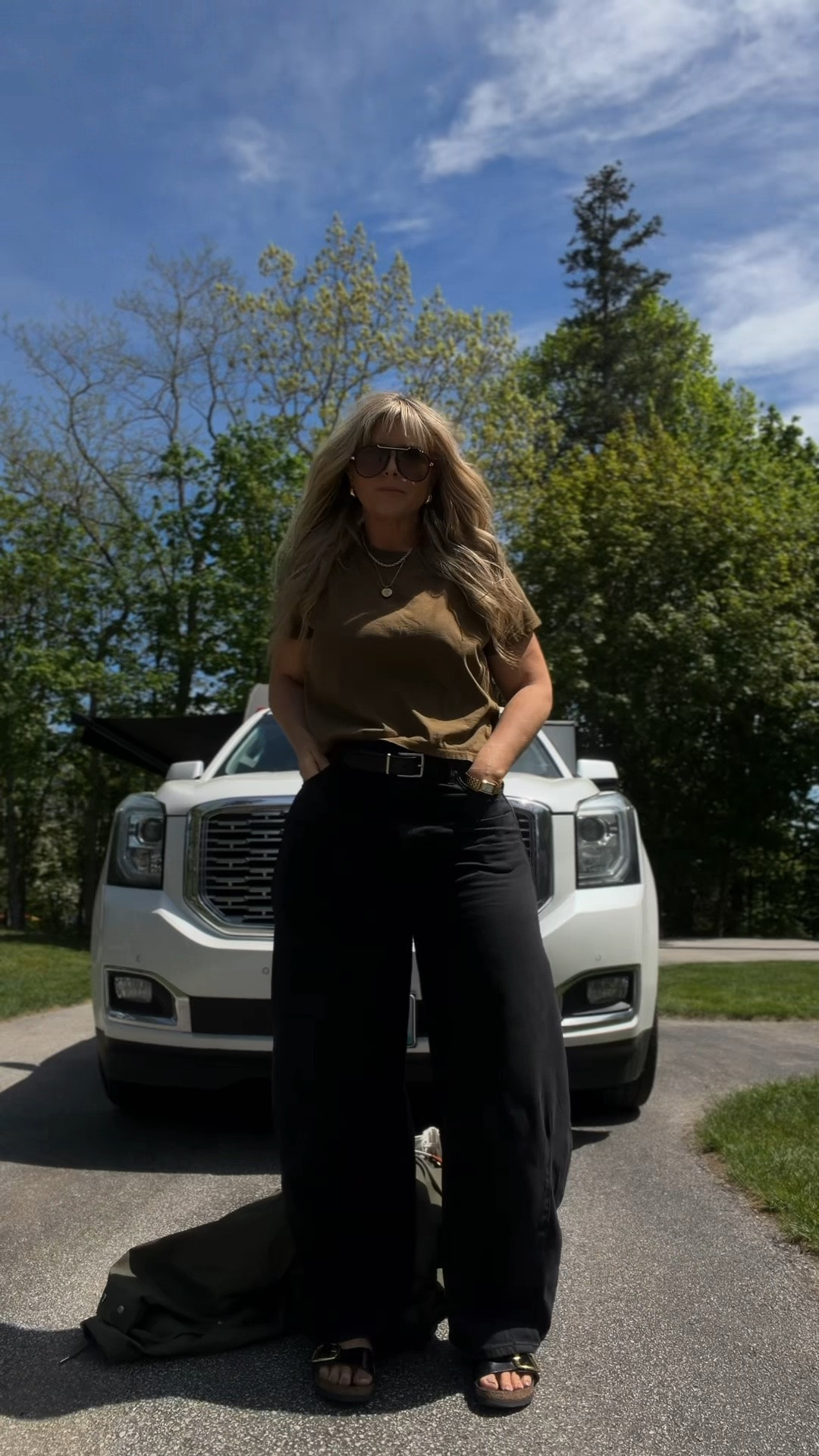 Gap High Rise Ultra Soft Hoseshow jeans by GAP: 31 Long 
T- shirt by A.N.A. JCPenney: wearing an XL, but also own in a large. 
GAP jacket by Victoria Beckham: size L/XL
Belt and Sandals true to size. 

I’m 5’8” and a size 12 for reference.

#LTKootd #LTKMidsize #LTKTall