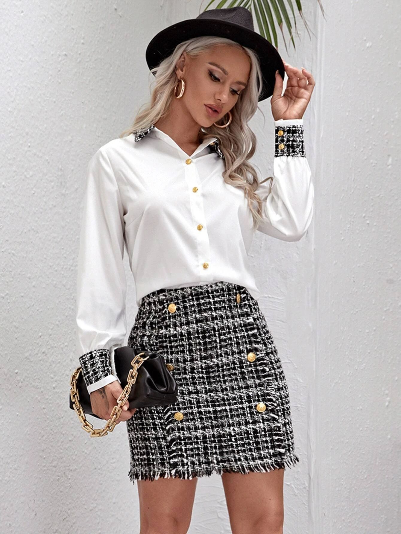 Plaid Pattern Blouse & Raw Trim Double Breasted Skirt | SHEIN