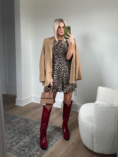 Leopard Looks - wearing a 4 in dress, linking similar blazers, boots are tts! #kathleenpost #leopardlooks #ootd

#LTKstyletip #LTKSeasonal