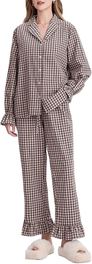 Flygo Womens Gingham Pajamas Sets Cotton Plaid Pjs Ruffled Sleeve Button Down Shirt Pants Y2k 2 P... | Amazon (US)