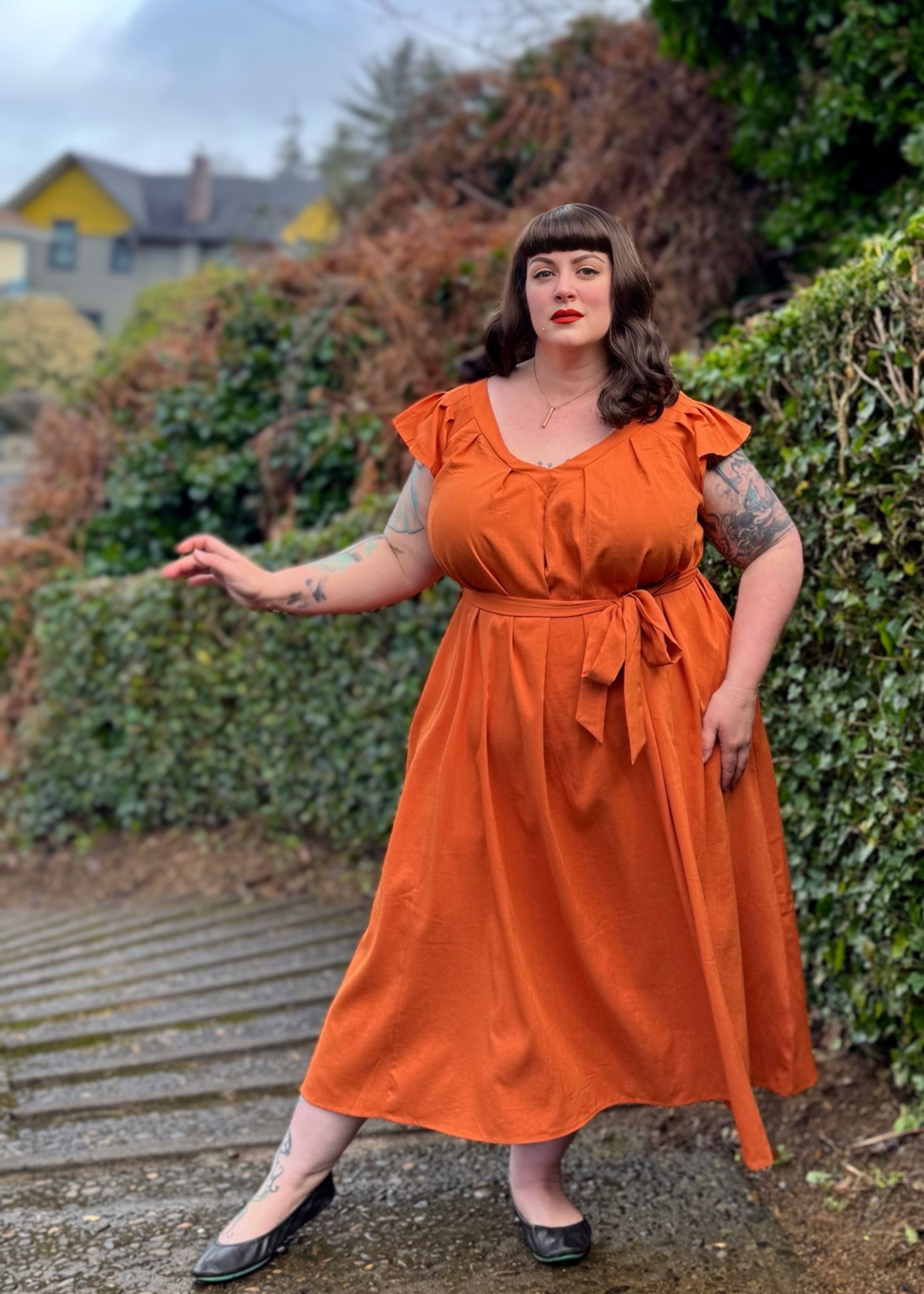 Rust orange dress with pleats and belted waist

#LTKFindsUnder50 #LTKOver40 #LTKPlusSize