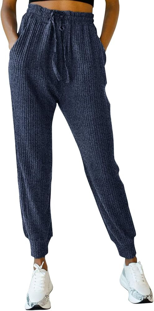 MIROL Women's Active Drawstring Joggers Pants Elastic Waist Waffle Knit Trousers Athletic Solid Colo | Amazon (US)