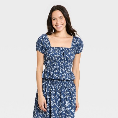 Women's Short Sleeve Printed Blouse - Universal Thread™ Blue Floral XS | Target