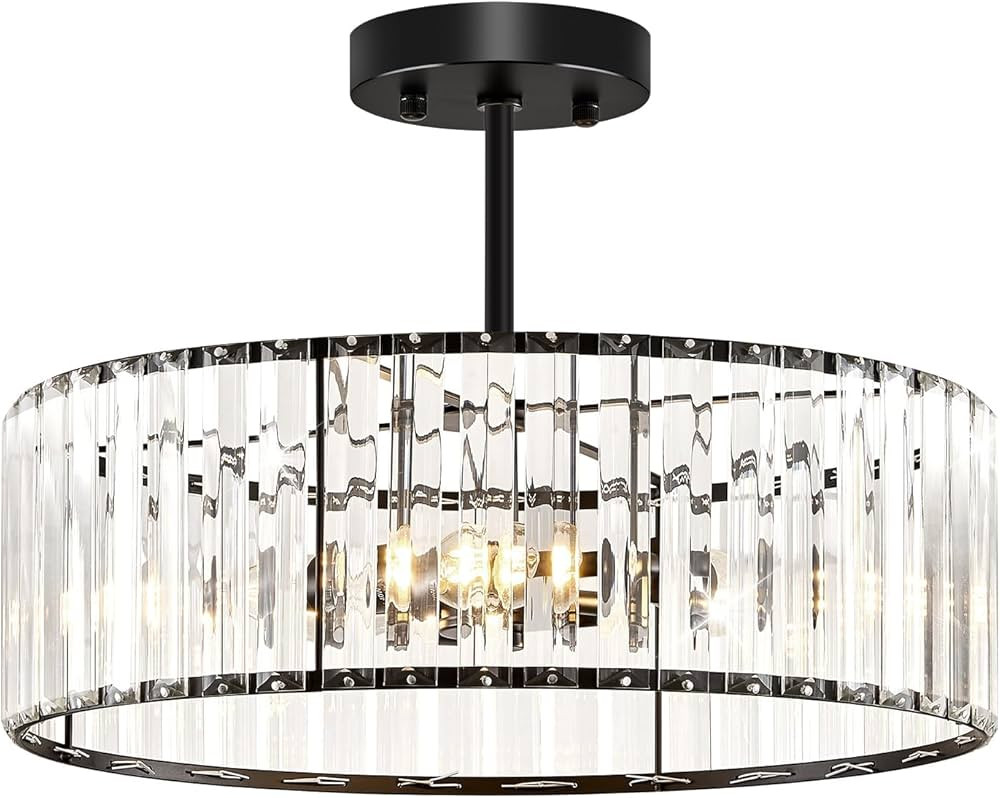 Modern Black Semi Flush Mount Ceiling Light Crystal 3-Light Chandelier 15.75 Inch Kitchen Light F... | Amazon (US)