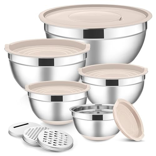 E-far Stainless Steel Mixing Bowls with Lids Set, 5-Piece Nesting Salad Bowls with 3 Grater Attachments and Non-Slip Bottoms, Size 4.6, 2.6, 2, 1.5, 1QT for Kitchen (Khaki) | Amazon (US)