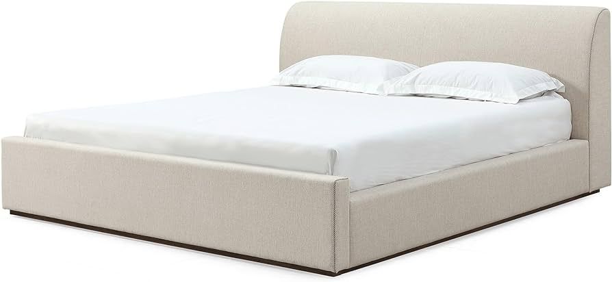 Benjara Reza Full Size Platform Bed, Sleigh Headboard, Low Profile, Beige Linen, Brown | Amazon (US)