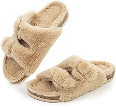 FITORY Womens Open Toe Slipper with Cozy Lining,Faux Rabbit Fur Cork Slide Sandals Size 6-11 | Amazon (US)