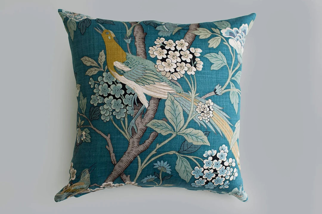GP and J Baker Hydrangea Bird in Teal, Chinoiserie Style Pillow Cover, 22 Inch Square | Etsy (US)