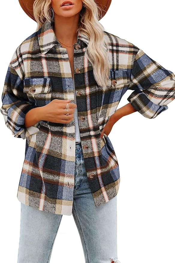 DOROEW Flannel Collared Long Sleeve Shirts Button Down Coat Oversized Jacket Shacket Blue at Amaz... | Amazon (US)