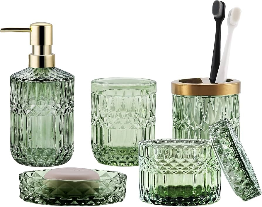 Green Bathroom Accessories Set, 5Pcs Clear Glass Bathroom Accessories, Vanity Bathroom Decor, Han... | Amazon (US)