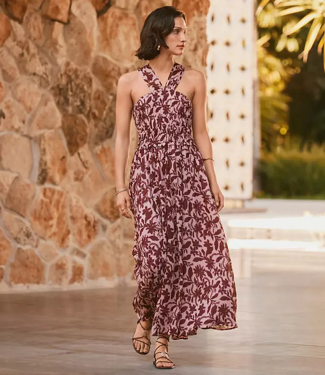 Petite Hibiscus Smocked Maxi Halter Dress | Loft | LOFT