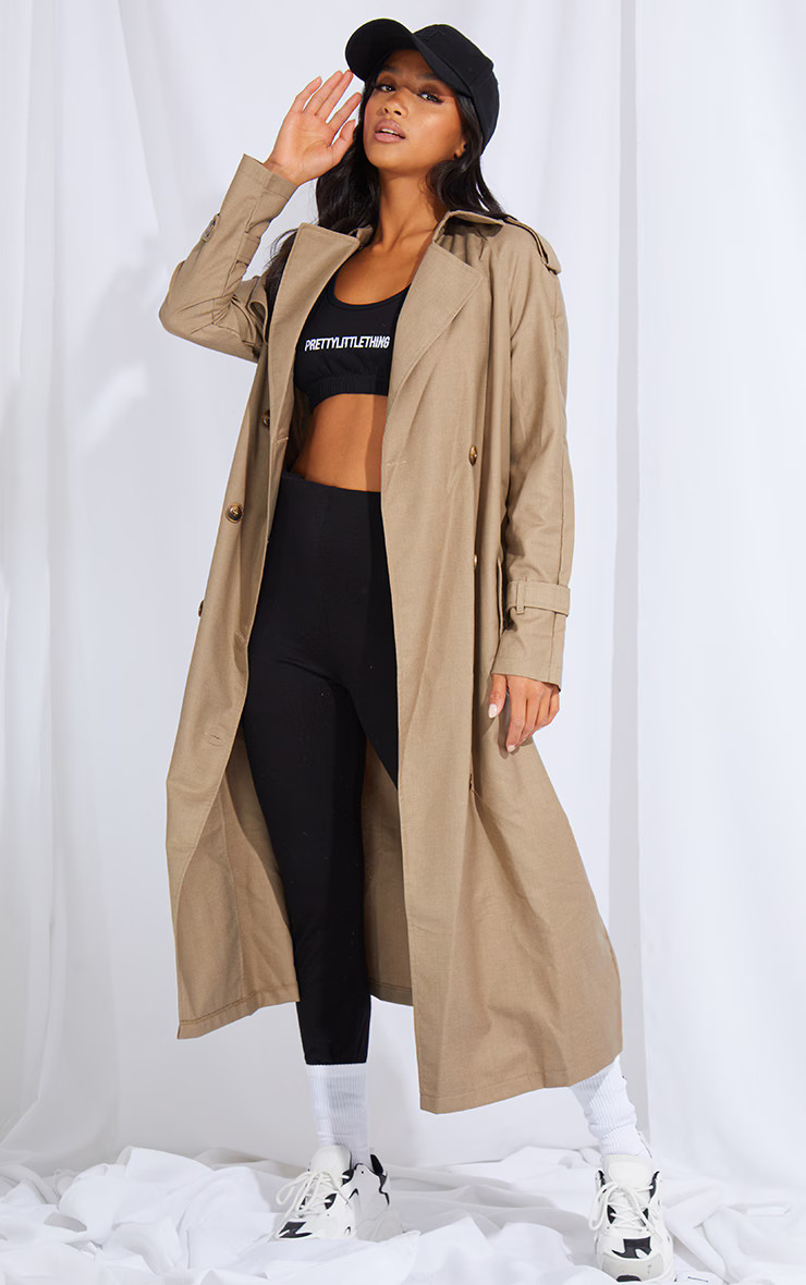 Petite - Trench coat oversize tissé gris pierre neutre | PrettyLittleThing (FR)