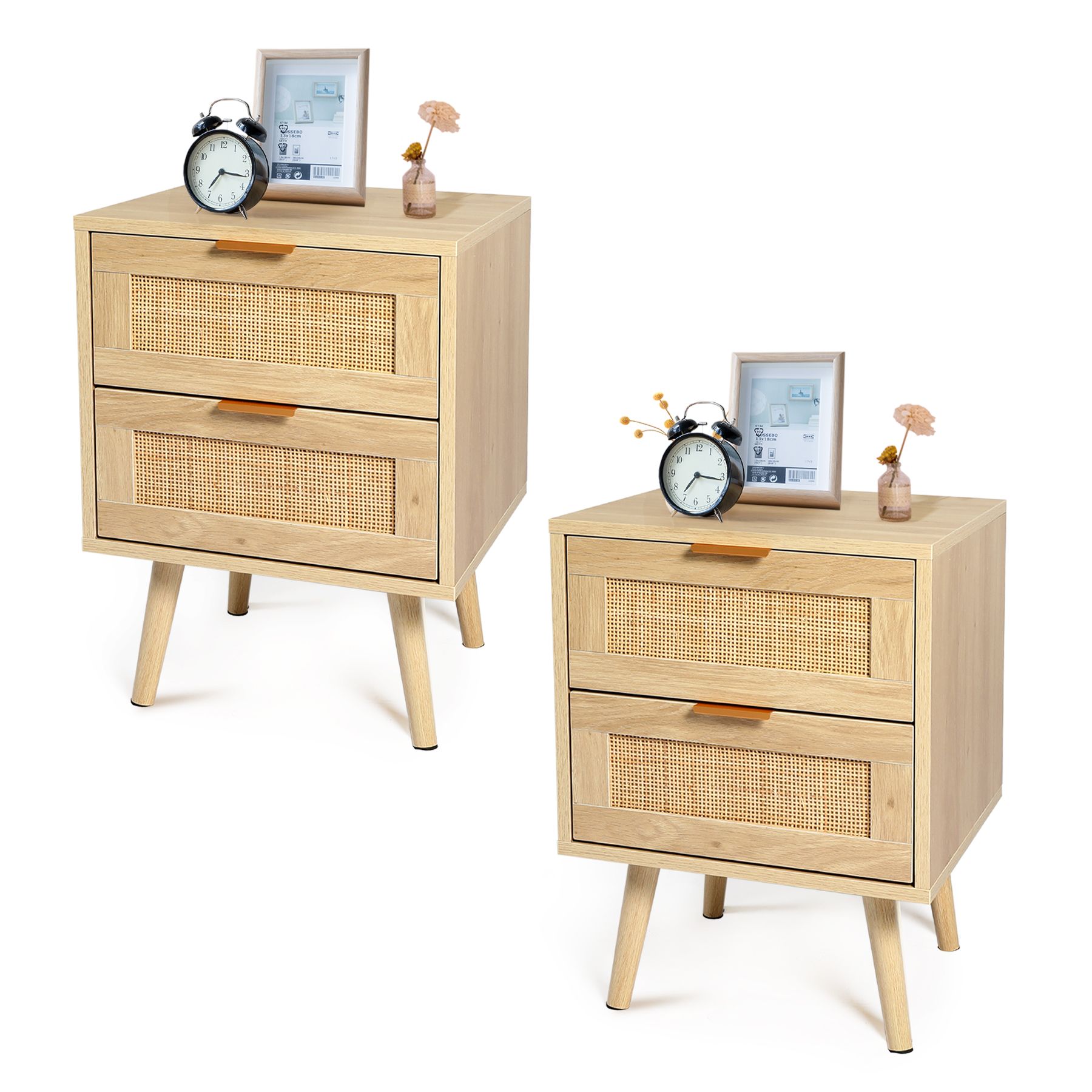 LAZZO Nightstands Set of 2 with Drawers Mid Century Modern Bedside Table Set of 2 Rattan Drawer E... | Walmart (US)